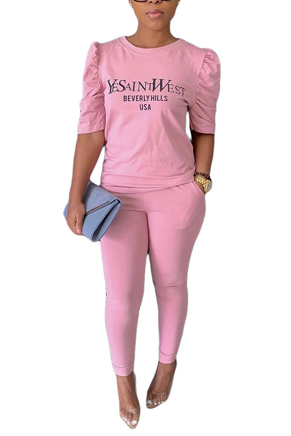 Pink Fashion Casual Print pencil Half Sleeve Two Pieces