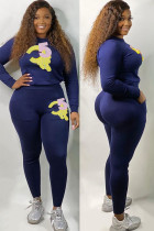 Blue Active Solid Two Piece Suits Print Patchwork pencil Long Sleeve
