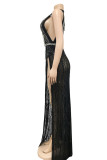 Black Sexy Geometric Sequins Patchwork Frenulum See-through With Belt O Neck Sleeveless Two Pieces