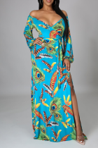 Blue Casual Print Draw String V Neck Cake Skirt Dresses