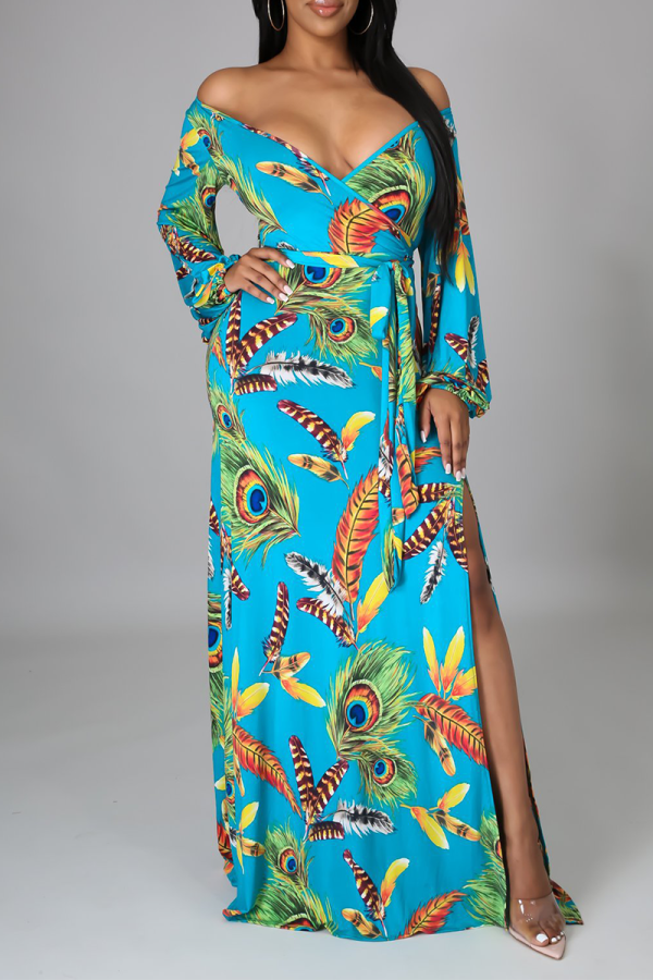Blue Casual Print Draw String V Neck Cake Skirt Dresses