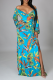 Blue Casual Print Draw String V Neck Cake Skirt Dresses