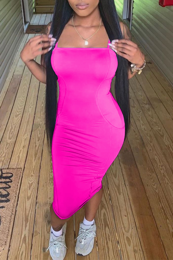 Rose Red Sexy Solid High Opening Strapless Pencil Skirt Dresses