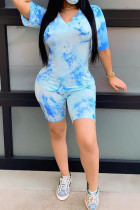 Blue Fashion Casual adult Ma'am Patchwork Print Tie Dye Two Piece Suits Straight Short Sleeve Two Pieces