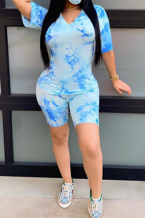 Blue Fashion Casual adult Ma'am Patchwork Print Tie Dye Two Piece Suits Straight Short Sleeve Two Pieces