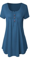 Dark Blue Casual Regular O-Neck Short Button Solid Regular Tees & T-shirts