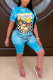 Blue Fashion Casual adult Ma'am Print Character Two Piece Suits Straight Short Sleeve Two Pieces