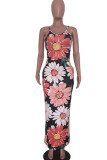 White Fashion Street White Brown Yellow Spaghetti Strap Sleeveless V Neck Pencil Dress Floor-Length Print Floral Animal Dresses