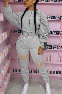 Light Gray Fashion Casual Patchwork Ripped Strap Design O Neck Long Sleeve Batwing Sleeve Regular Two Pieces