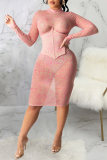 Rose Red Sexy Print Mesh Half A Turtleneck Pencil Skirt Dresses