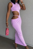 Purple Sexy Solid Hollowed Out Patchwork O Neck Pencil Skirt Dresses