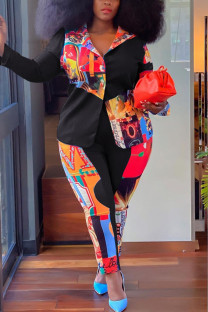 Black Work Daily Print Patchwork Turndown Collar Plus Size 