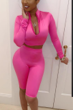 Rose Red Sexy Solid Patchwork Turtleneck Long Sleeve Two Pieces