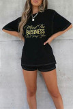 Black Red Fashion Casual Print Basic O Neck Short Sleeve Two Pieces