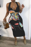 Black OL V Neck Print Pattern Plus Size