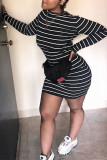 Black White Elegant Striped Patchwork Turtleneck Long Sleeve Pencil Skirt Dresses