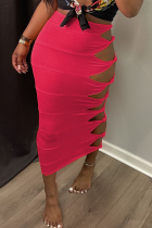 Rose Red Sexy Solid Hollowed Out Skinny Mid Waist Pencil Solid Color Bottoms