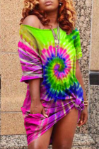 Yellow Fashion Cap Sleeve 3/4 Length Sleeves O neck Step Skirt Mini Rainbow Paisley asymmetrical
