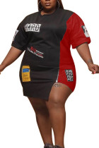 Black and red Street O Neck Patchwork asymmetrical Pattern Plus Size