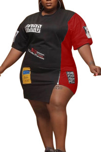 Black and red Street O Neck Patchwork asymmetrical Pattern Plus Size