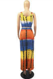Yellow Sexy Casual Print Tie Dye Backless Square Collar Sleeveless Two Pieces
