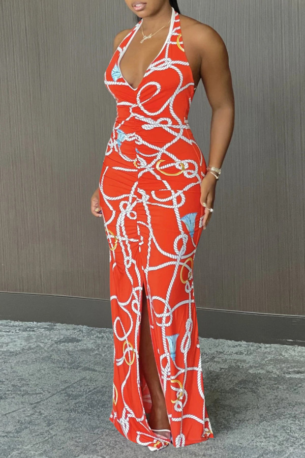 Red Fashion Sexy Print Backless Slit Halter Sleeveless Dress