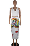 White Fashion Casual adult Ma'am Print Two Piece Suits A-line skirt Sleeveless Two Pieces