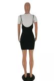Black Casual Fashion Spaghetti Strap Cap Sleeve Short Sleeves Slip O neck Sheath Mini split asym
