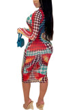 Red Milk. Fashion adult Ma'am Street Cap Sleeve Long Sleeves O neck Step Skirt Knee-Length Print Dresses