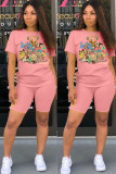 Pink Fashion Casual adult Patchwork Print Character Two Piece Suits Straight Short Sleeve Two Pieces