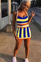 Blue adult Fashion Casual Patchwork Print Two Piece Suits Skinny Sleeveless Two-Piece Dress