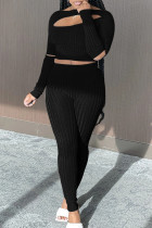 Black Sexy Solid Hollowed Out Patchwork O Neck Long Sleeve Two Pieces