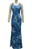 Blue Sexy Print High Opening Spaghetti Strap Irregular Dress Dresses