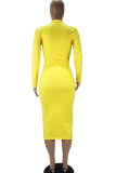 Yellow Fashion Casual Adult Print Patchwork O Neck Long Sleeve Knee Length A Line Dresses