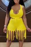 Yellow Sexy Solid Tassel Patchwork Asymmetrical Collar Sleeveless Two Pieces