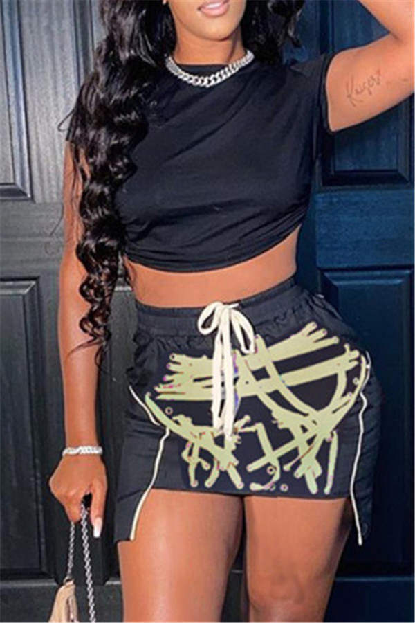 Black Fashion Sexy Print Asymmetrical O Neck Short Sleeve Two Pieces