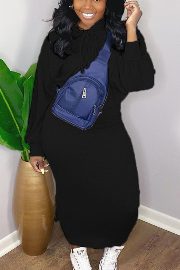 Black Casual Solid Hooded Collar Long Sleeve Two Pieces