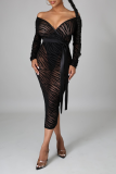 Black Sexy Print Patchwork V Neck Irregular Dress Dresses