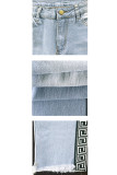 Blue Denim Zipper Fly Sleeveless Mid Solid Patchwork pencil Pants Pants