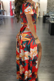 Red Fashion adult Sexy Patchwork Print Two Piece Suits Split Floral bow-knot Hip skirt Short S