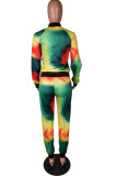 Blue Yellow Casual Print Tie Dye Patchwork O Neck Long Sleeve Two Pieces