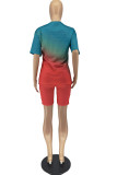 Blue Red Casual Gradual Change Lips Printed Patchwork O Neck Short Sleeve Two Pieces
