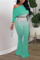 Green Sexy Gradual Change Patchwork One Shoulder Half Sleeve Two Pieces