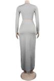 Grey Fashion Sexy Solid Two Piece Suits asymmetrical Slim fit crop top Split Skinny Long Sleeve