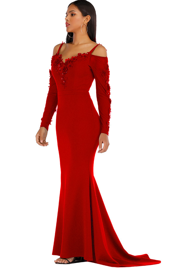 Red Sexy Spaghetti Strap Long Sleeves V Neck Step Skirt Floor-Length Solid