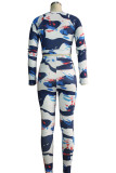 Blue Sexy Adult Twilled Satin Print Tie-dye O Neck Long Sleeve Regular Sleeve Short Two Pieces