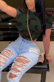 Camouflage Multi-color Camouflage O Neck Short Sleeve Patchwork Print Slim fit backless Camouflage Tie Dye Bandage crop top Tops