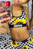 Yellow Fashion adult OL Patchwork Print Two Piece Suits Straight Sleeveless Two Pieces