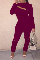 Wine Red Blends Street Solid Hole Zippered pencil Long Sleeve Two Pieces
