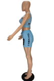 Blue Casual Print Patchwork U Neck Sleeveless Two Pieces